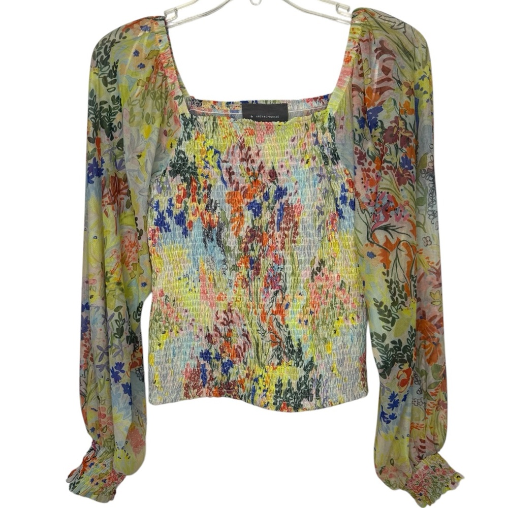 Anthropologie Pastel Rouen Floral Peasant Smocked Puff Sleeve Blouse - Small